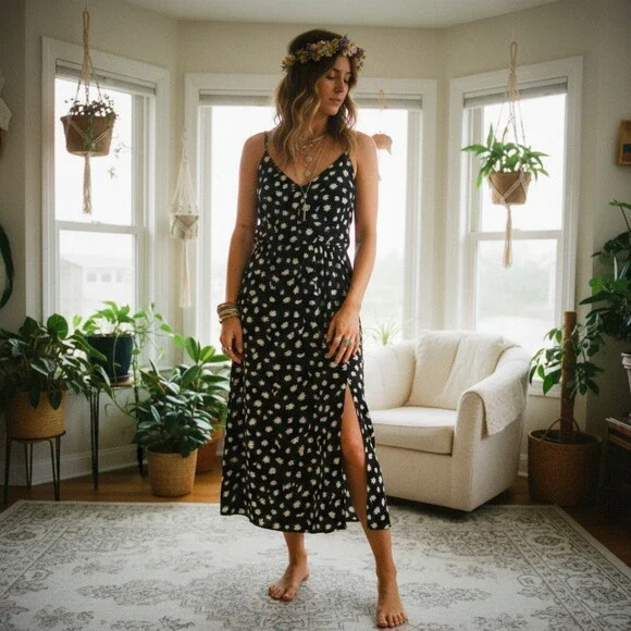 Aeropostale Black Midi Spagetti Strap Dress With Front Slit & Daisies Size M - Picture 1 of 5